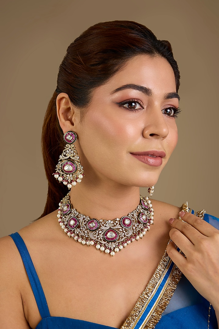 Gold Finish Red Kundan Polki Choker Necklace Set by Aura Trends at Pernia's Pop Up Shop