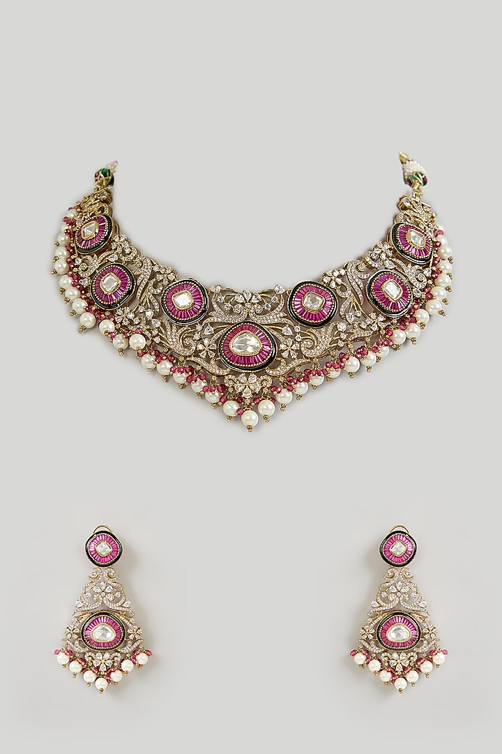 Gold Finish Red Kundan Polki Choker Necklace Set by Aura Trends at Pernia's Pop Up Shop