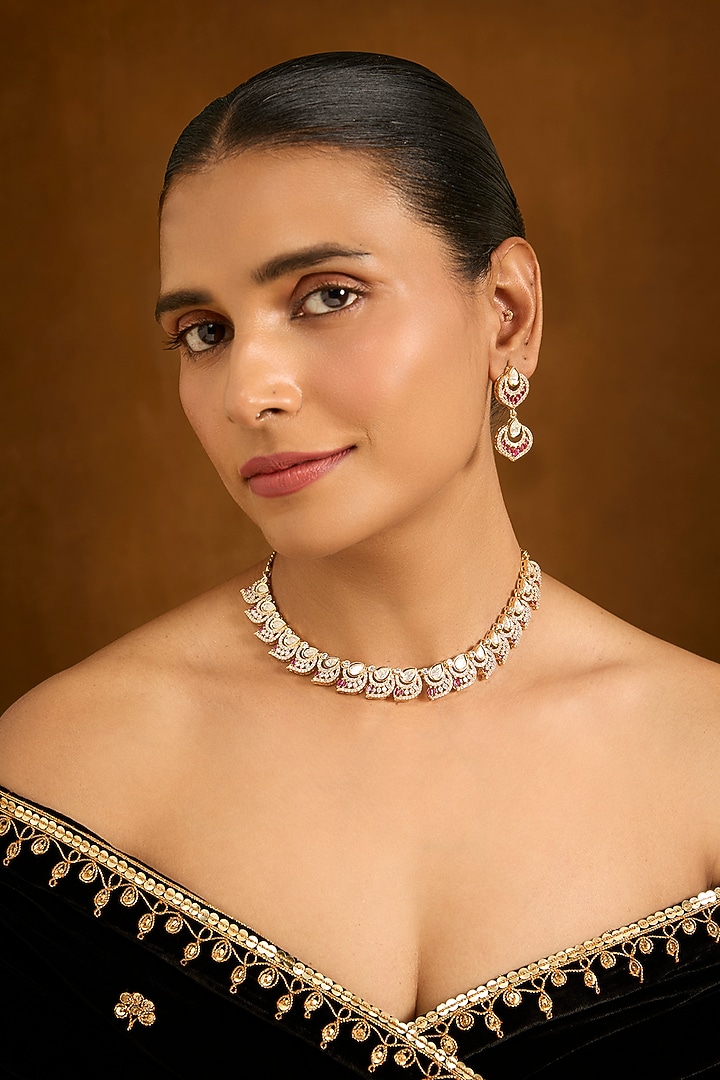 Gold Finish Kundan Polki Necklace Set by Aura Trends at Pernia's Pop Up Shop