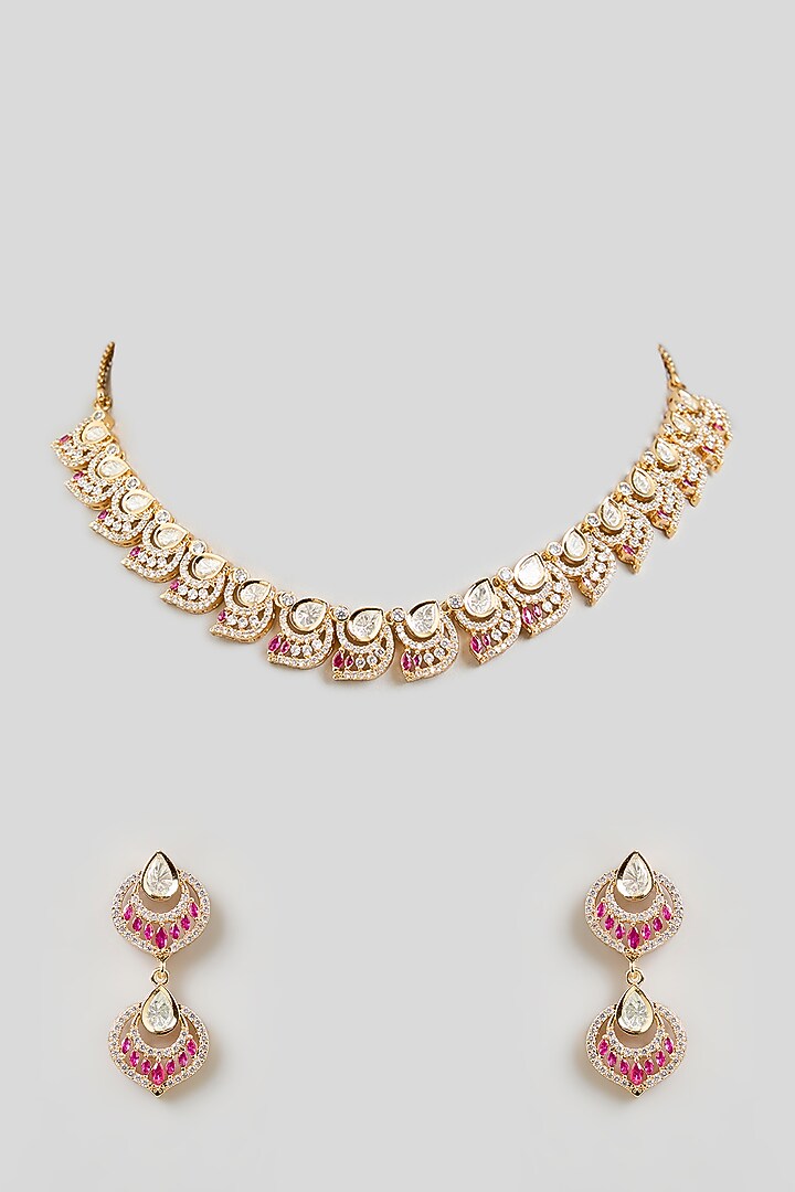 Gold Finish Kundan Polki Necklace Set by Aura Trends at Pernia's Pop Up Shop