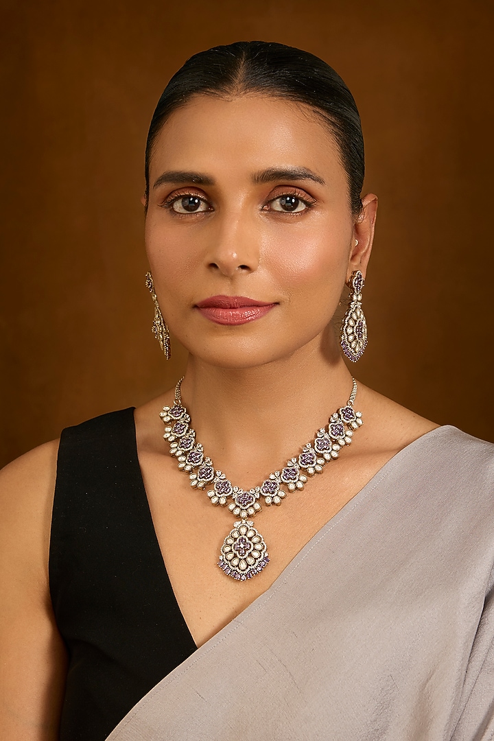 Gold Finish Cubic Zirconia Necklace Set by Auraa Trends at Pernia's Pop Up Shop