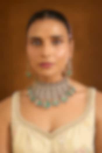 Gold Finish Emerald Green Cubic Zirconia Choker Necklace Set by Auraa Trends at Pernia's Pop Up Shop