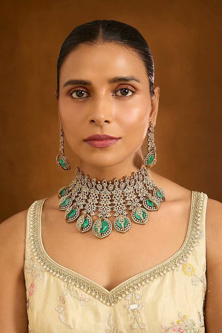 Gold Finish Emerald Green Cubic Zirconia Choker Necklace Set by Auraa Trends at Pernia's Pop Up Shop