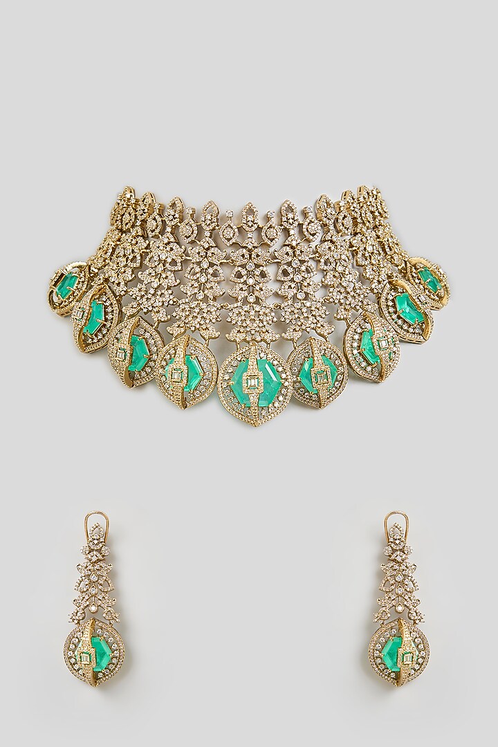 Gold Finish Emerald Green Cubic Zirconia Choker Necklace Set by Aura Trends at Pernia's Pop Up Shop