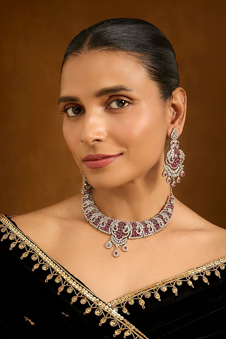 Gold Finish Cubic Zirconia Choker Necklace Set by Auraa Trends at Pernia's Pop Up Shop