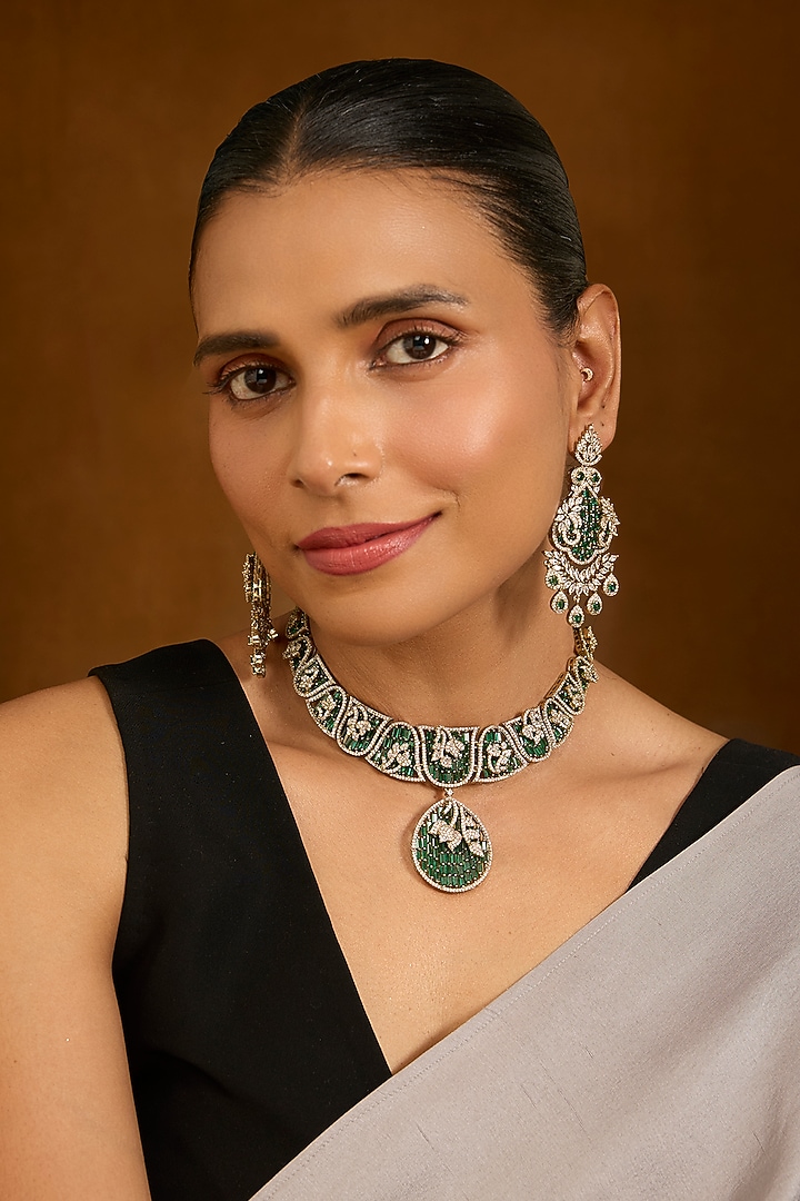 Gold Finish Emerald Green Cubic Zirconia Choker Necklace Set by Auraa Trends at Pernia's Pop Up Shop