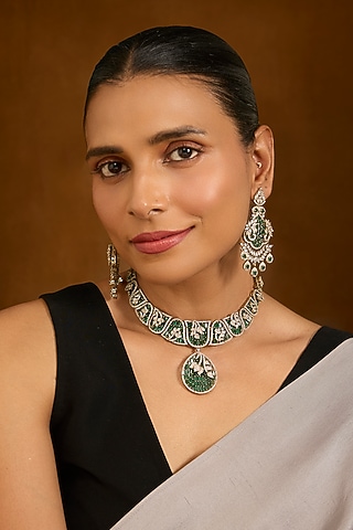 Gold Finish Emerald Green Cubic Zirconia Choker Necklace Set by Aura Trends