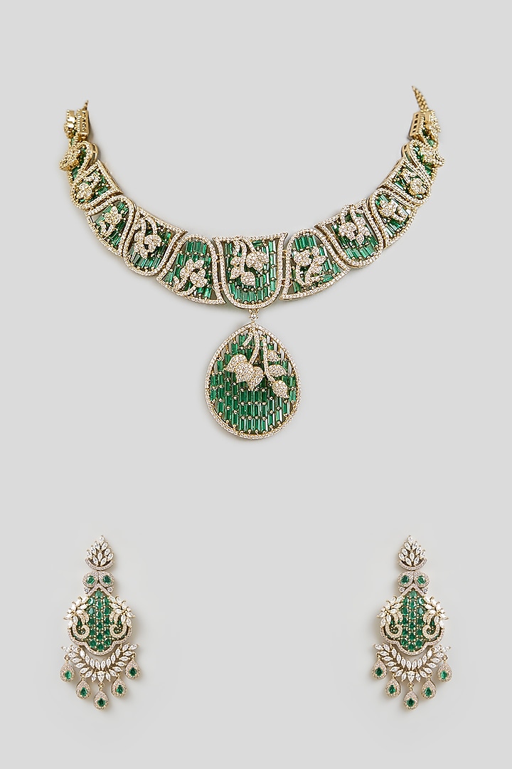Gold Finish Emerald Green Cubic Zirconia Choker Necklace Set by Aura Trends at Pernia's Pop Up Shop