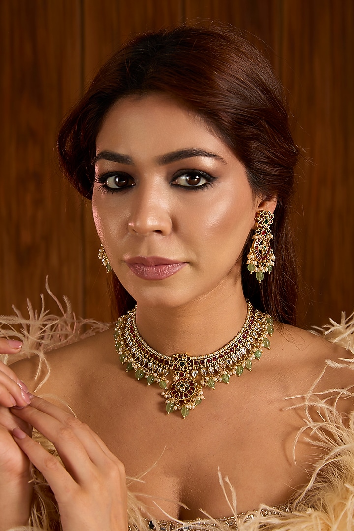 Gold Finish Multi-Colored Kundan Polki Choker Necklace Set by Aura Trends at Pernia's Pop Up Shop