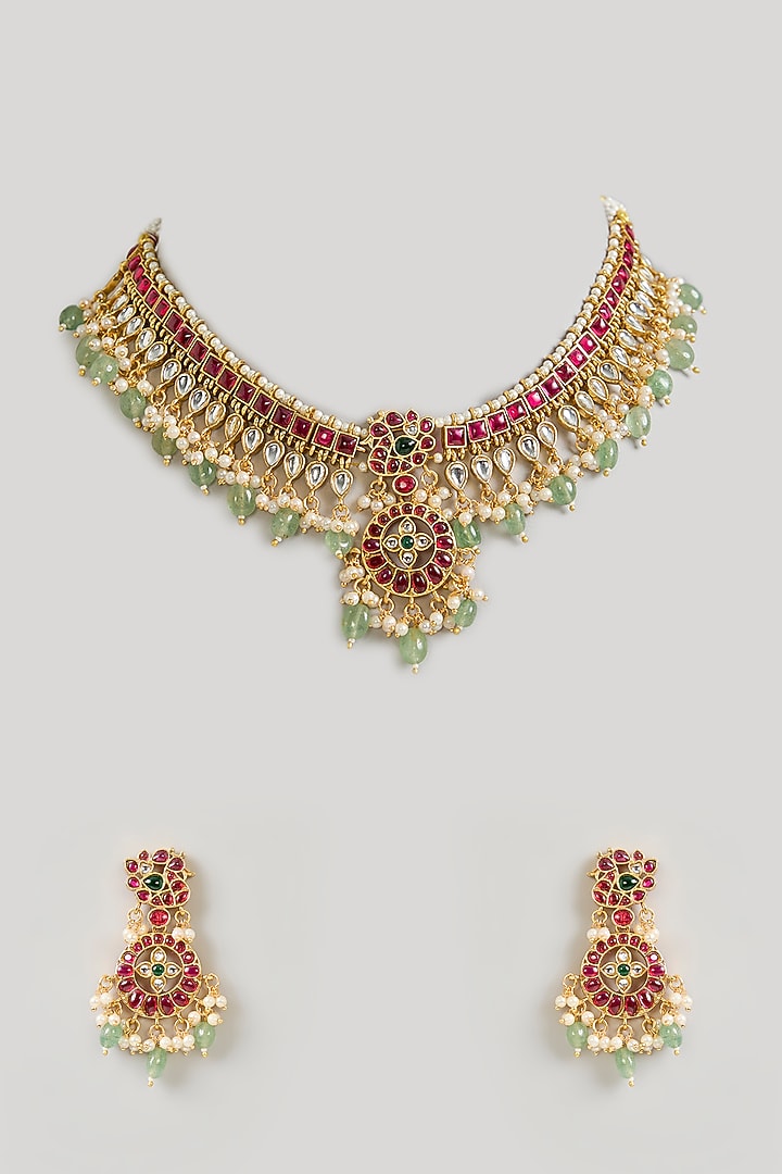Gold Finish Multi-Colored Kundan Polki Choker Necklace Set by Aura Trends at Pernia's Pop Up Shop