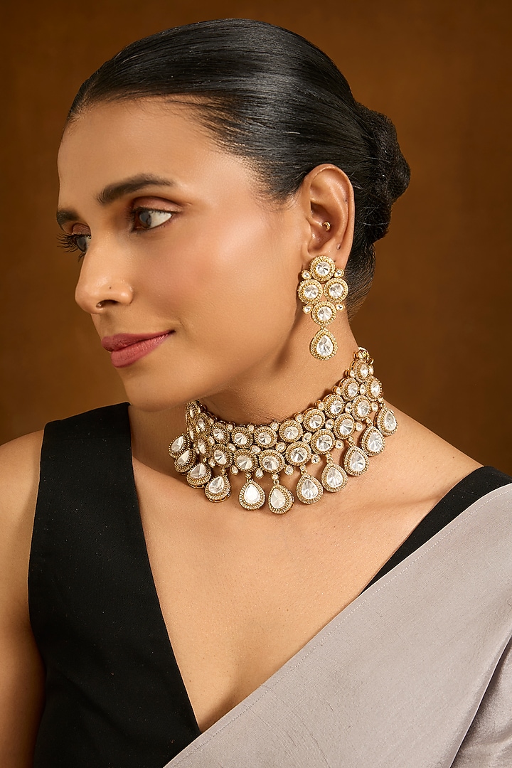 Gold Finish Kundan Polki Choker Necklace Set by Auraa Trends at Pernia's Pop Up Shop