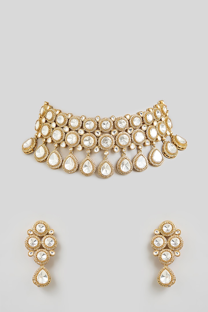 Gold Finish Kundan Polki Choker Necklace Set by Aura Trends at Pernia's Pop Up Shop