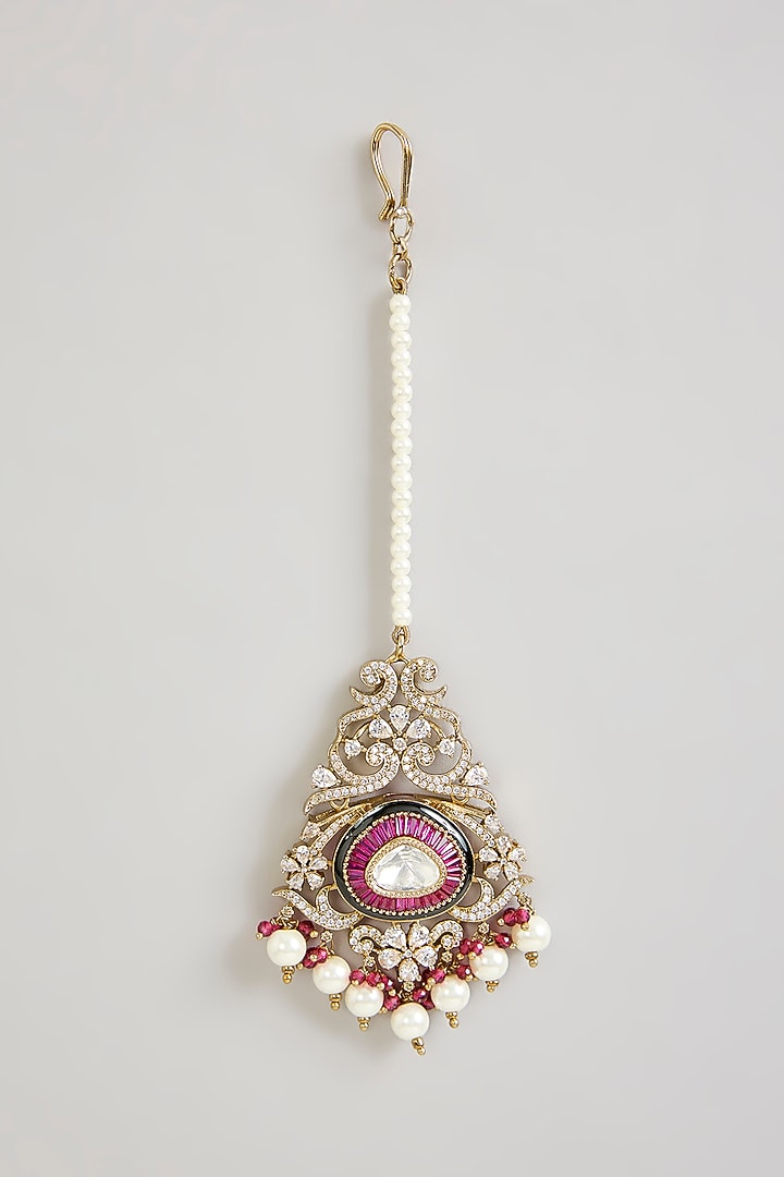 Gold Finish Kundan Polki & Red Gemstone Maangtikka by Aura Trends at Pernia's Pop Up Shop