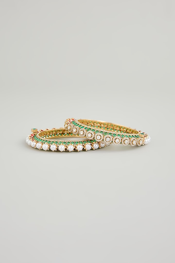 Gold Finish Pearl & Green Stone Bangles (Set Of 2) by Aura Trends at Pernia's Pop Up Shop