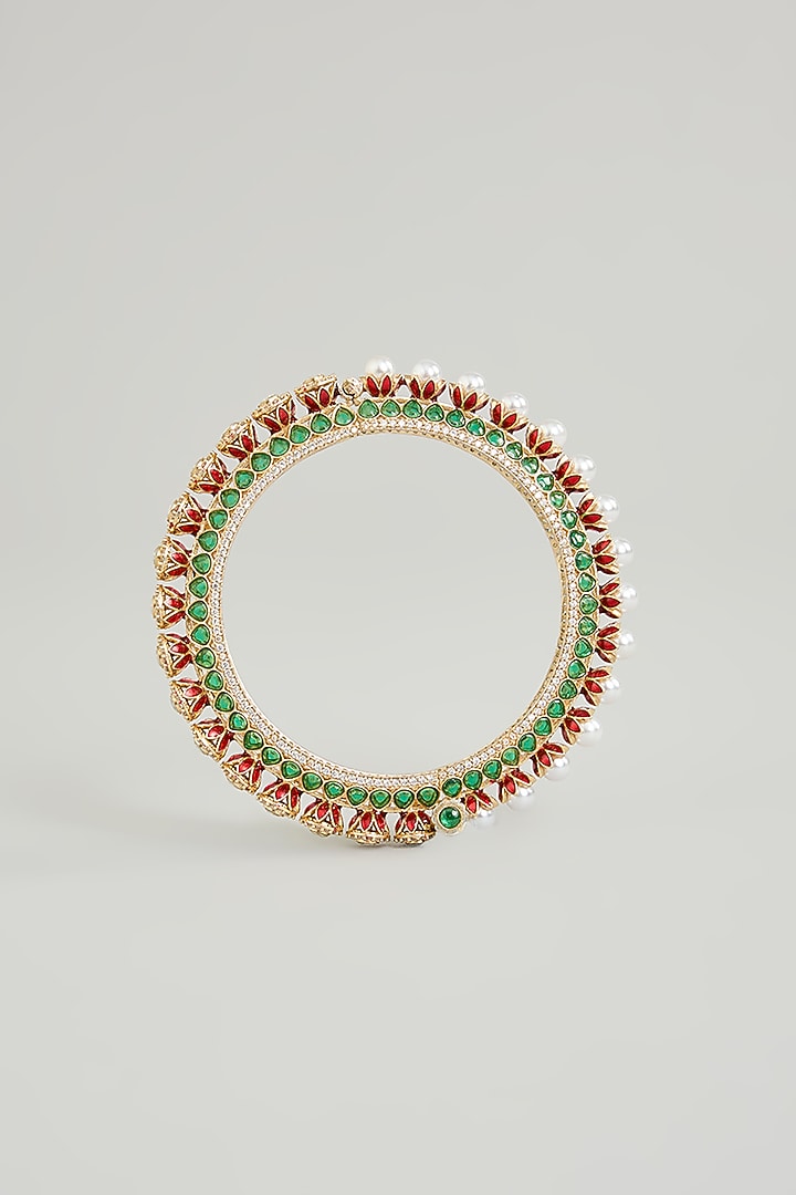 Gold Finish Pearl & Green Stone Bangles (Set Of 2) by Aura Trends at Pernia's Pop Up Shop