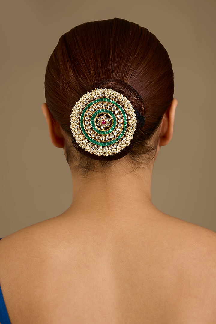 Gold Finish Kundan Polki & Green Gemstone Hair Accessory by Auraa Trends at Pernia's Pop Up Shop