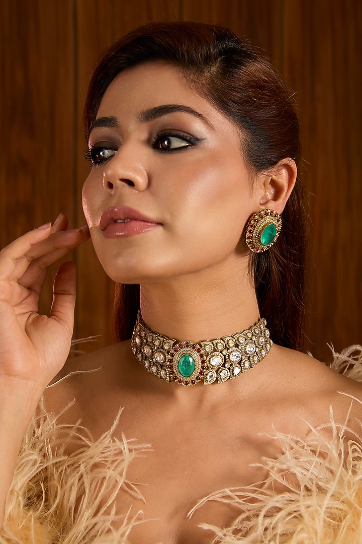 Gold Finish Kundan Polki Choker Necklace Set by Auraa Trends at Pernia's Pop Up Shop