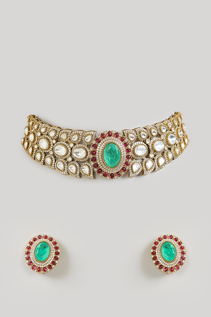 Gold Finish Kundan Polki Choker Necklace Set by Aura Trends at Pernia's Pop Up Shop
