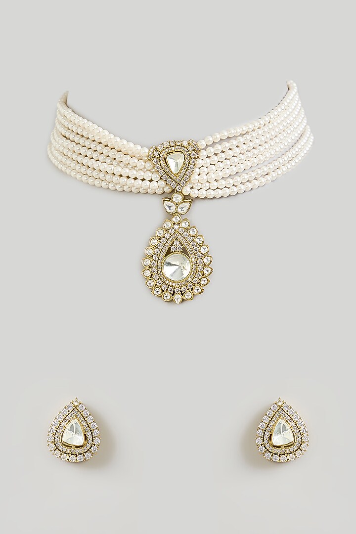 Gold Finish Kundan Polki Choker Necklace Set by Aura Trends at Pernia's Pop Up Shop