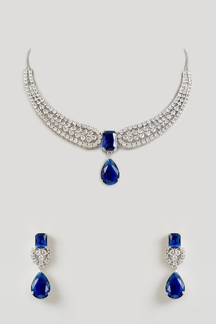Gold Finish Crystal & Sapphire Blue Teardrop Choker Necklace Set by Aura Trends at Pernia's Pop Up Shop