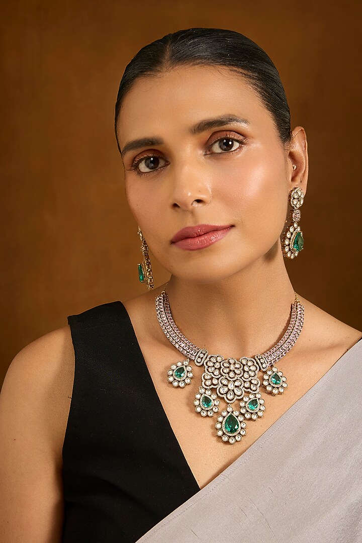 Gold Finish Kundan Polki & Emerald Green Stone Necklace Set by Auraa Trends at Pernia's Pop Up Shop