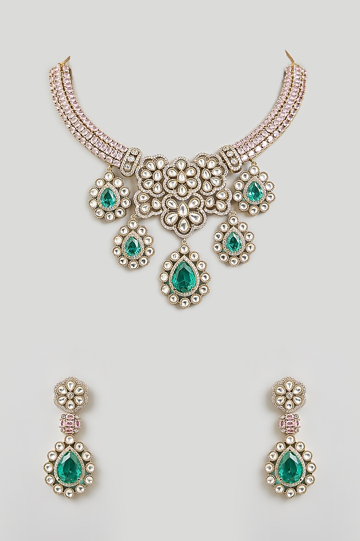 Gold Finish Kundan Polki & Emerald Green Stone Necklace Set by Aura Trends at Pernia's Pop Up Shop