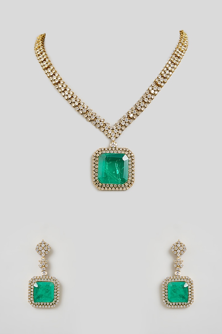 Gold Finish Emerald Green Stone & Kundan Polki Pendant Necklace Set by Aura Trends at Pernia's Pop Up Shop