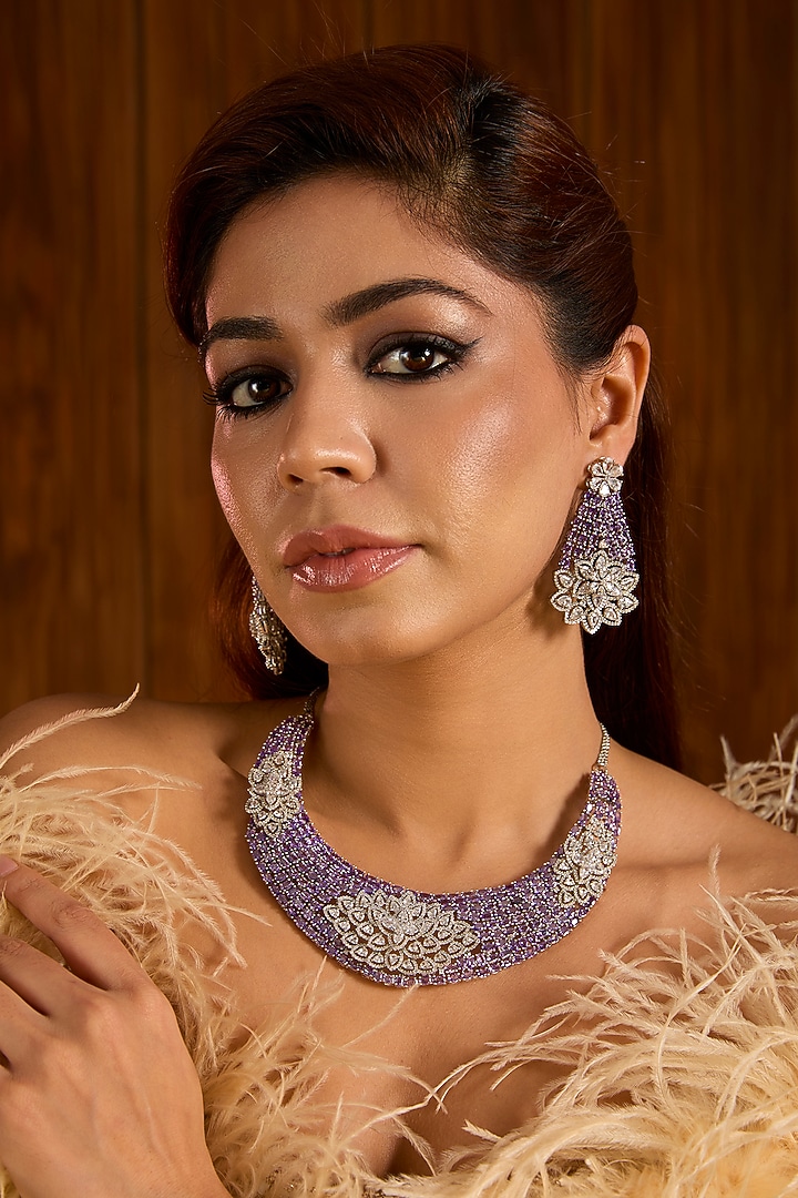 White Finish Lavender Crystal Choker Necklace Set by Auraa Trends at Pernia's Pop Up Shop