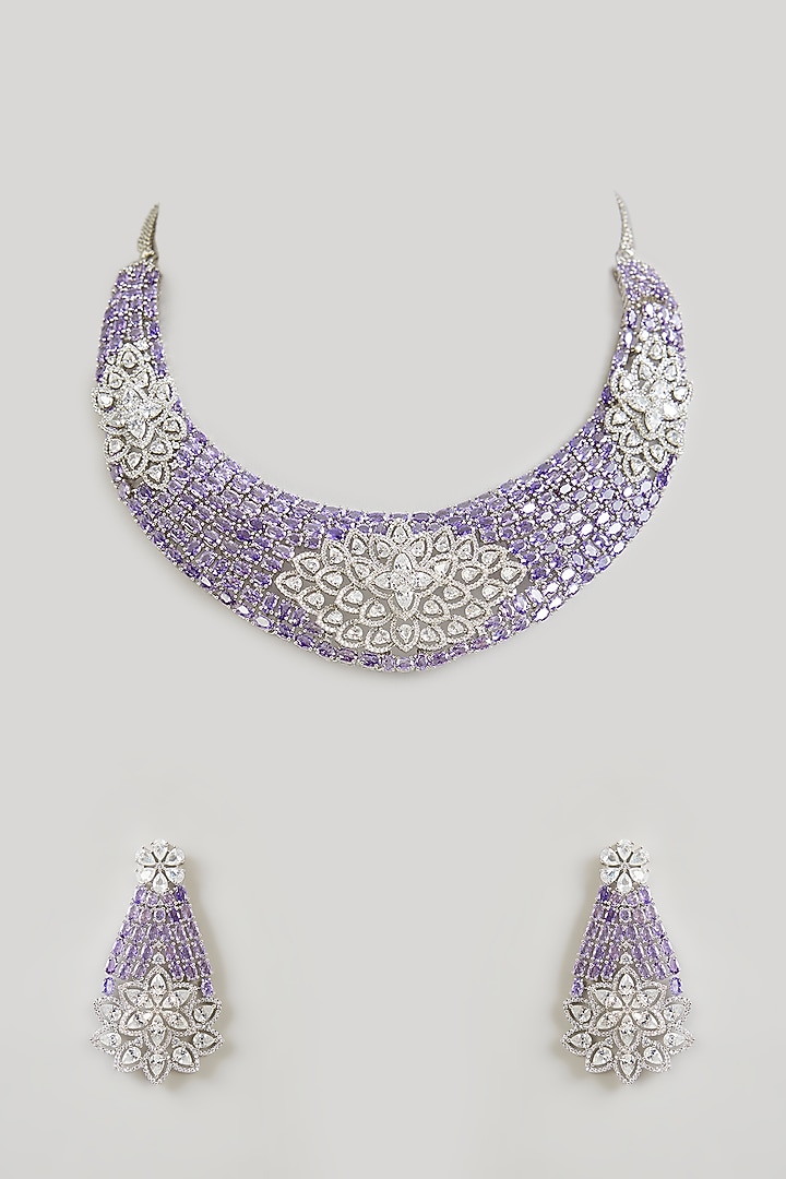 White Finish Lavender Crystal Choker Necklace Set by Aura Trends at Pernia's Pop Up Shop