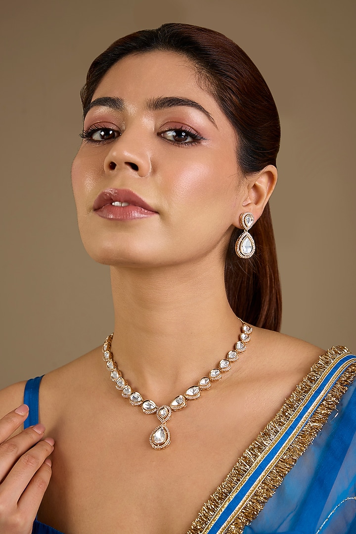 Gold Finish White Kundan Polki Necklace Set by Auraa Trends at Pernia's Pop Up Shop