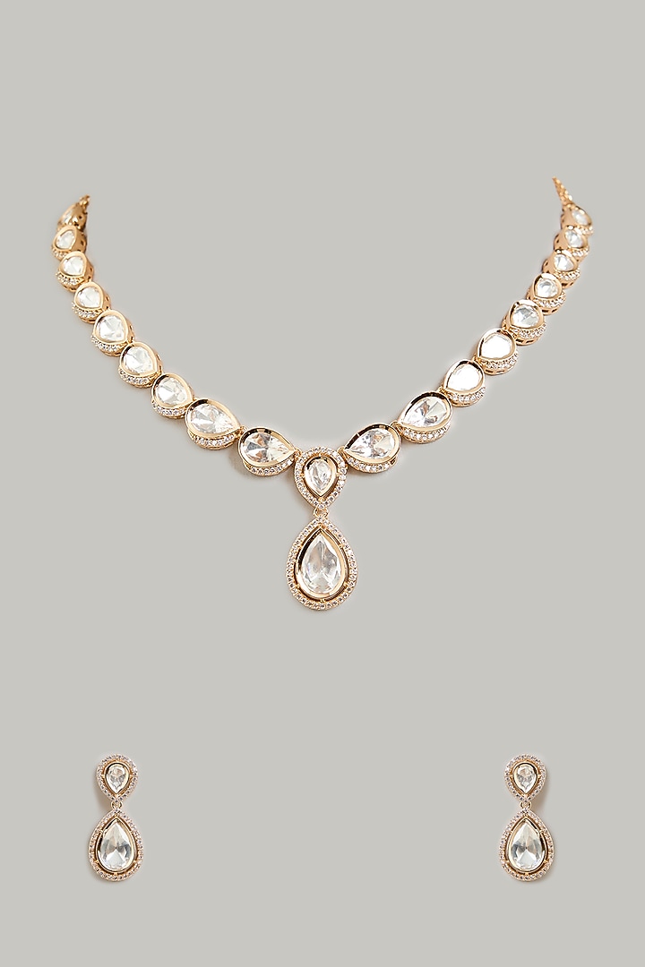 Gold Finish White Kundan Polki Necklace Set by Aura Trends at Pernia's Pop Up Shop