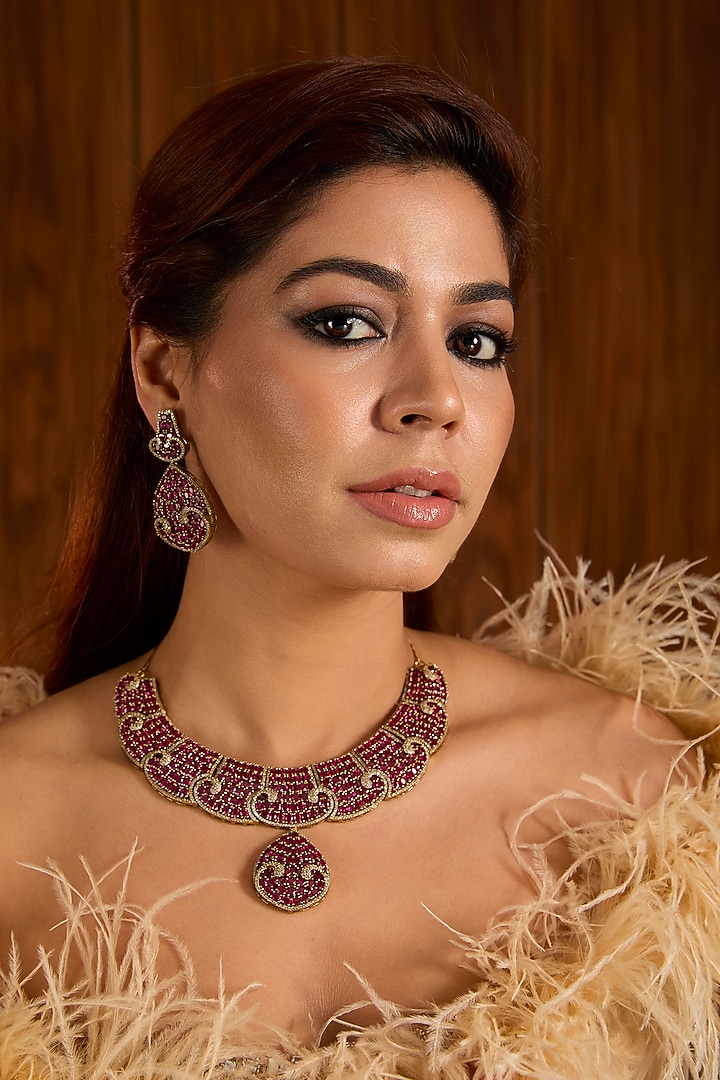 Rose Gold Finish Ruby & Kundan Polki Choker Necklace Set by Auraa Trends at Pernia's Pop Up Shop