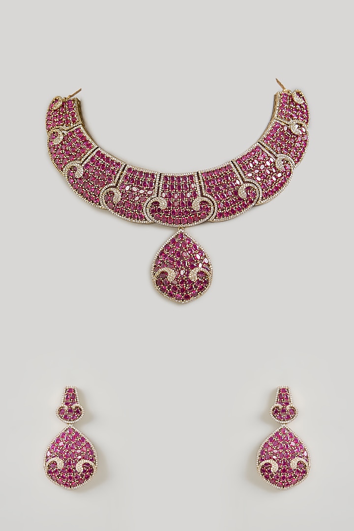 Rose Gold Finish Ruby & Kundan Polki Choker Necklace Set by Aura Trends at Pernia's Pop Up Shop