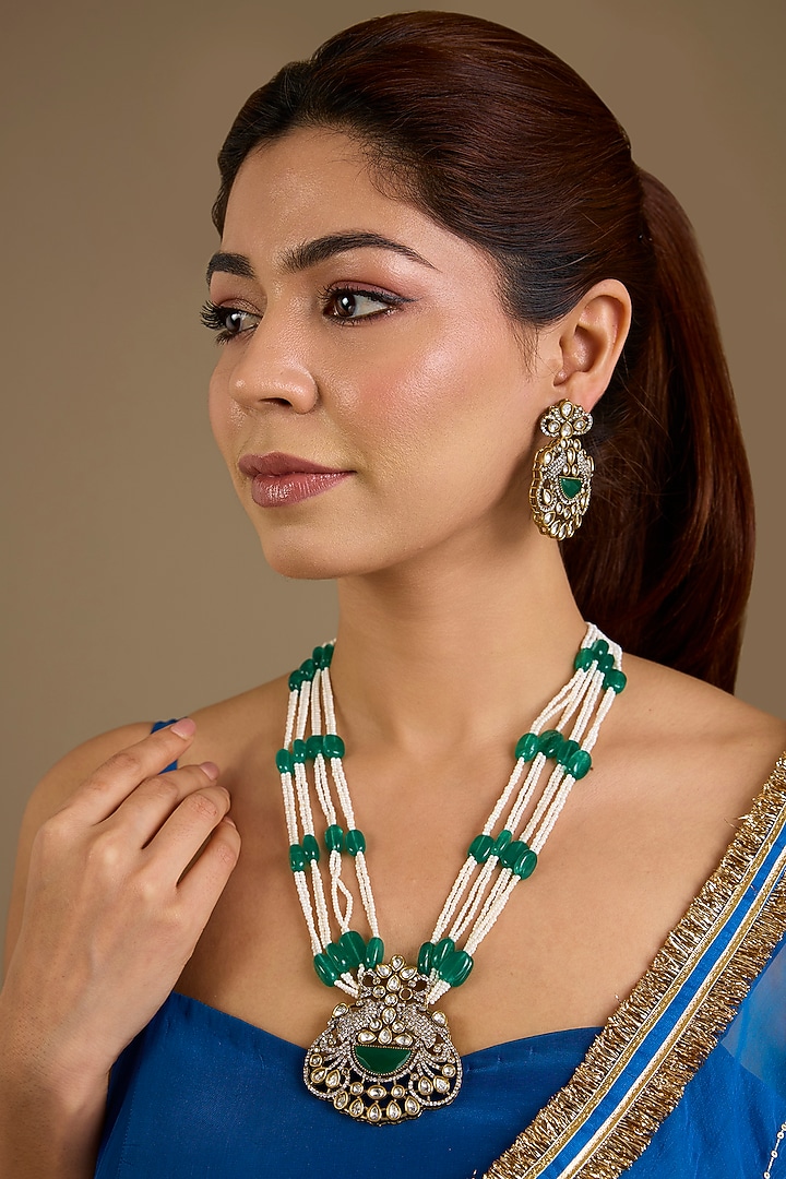 Gold Finish Emerald Green Kundan Polki Necklace Set by Auraa Trends at Pernia's Pop Up Shop