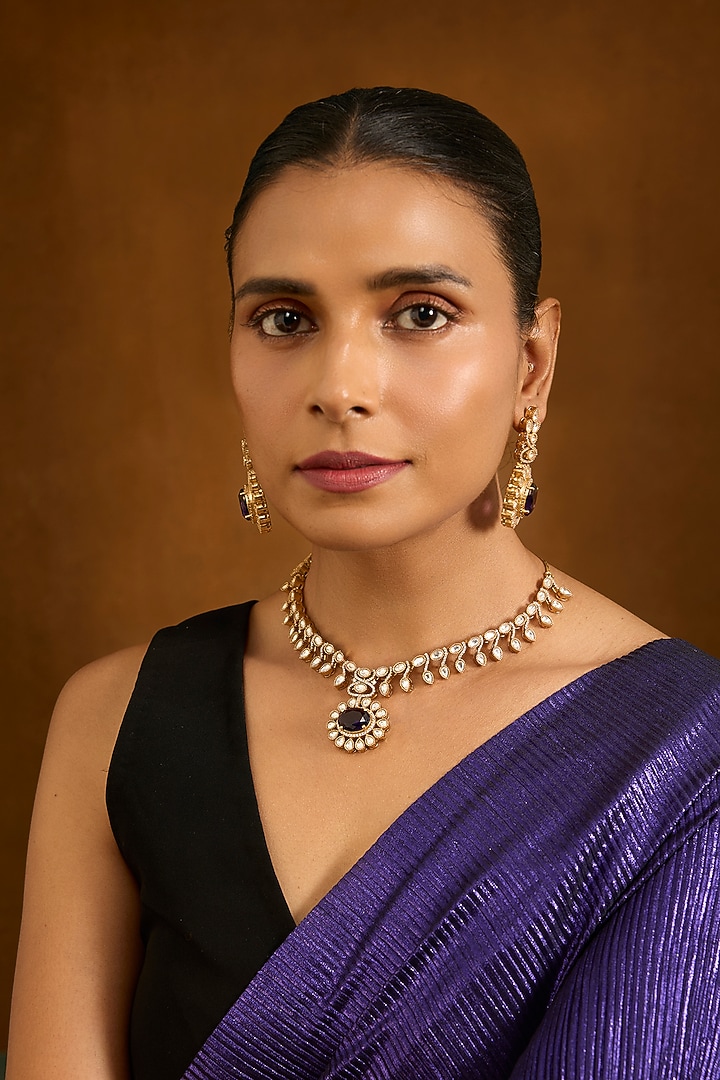 Two Tone Finish Black Stone & Kundan Polki Necklace Set by Auraa Trends at Pernia's Pop Up Shop