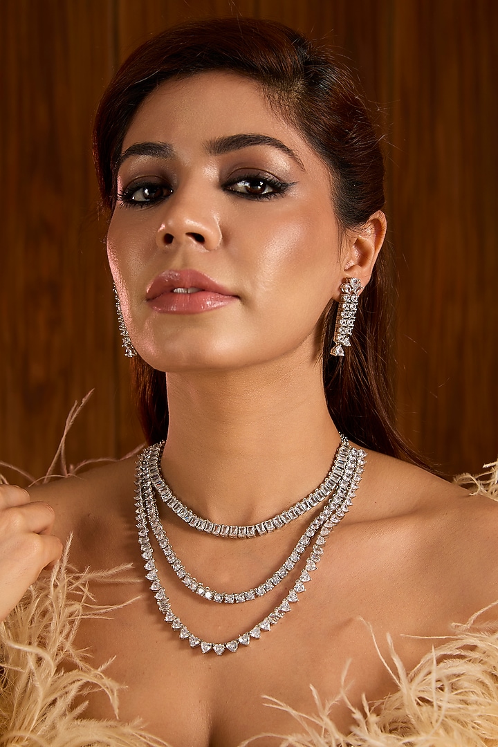 White Finish Zircon Layered Necklace Set by Auraa Trends at Pernia's Pop Up Shop