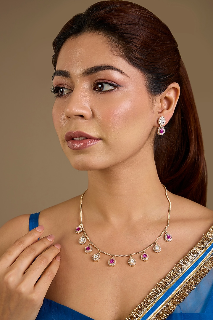 Gold Finish Pink Stone & Cubic Zirconia Necklace Set by Auraa Trends at Pernia's Pop Up Shop