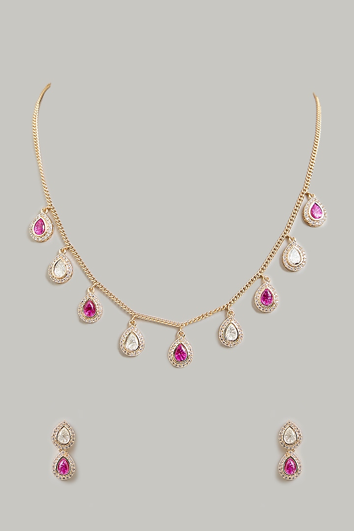 Gold Finish Pink Stone & Cubic Zirconia Necklace Set by Aura Trends at Pernia's Pop Up Shop