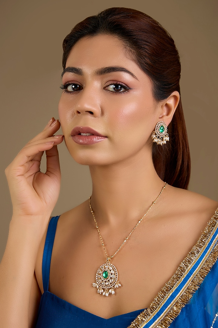 Gold Finish Green Kundan Polki Pendant Necklace Set by Auraa Trends at Pernia's Pop Up Shop