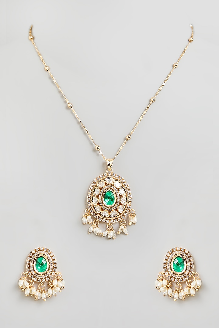 Gold Finish Green Kundan Polki Pendant Necklace Set by Aura Trends at Pernia's Pop Up Shop