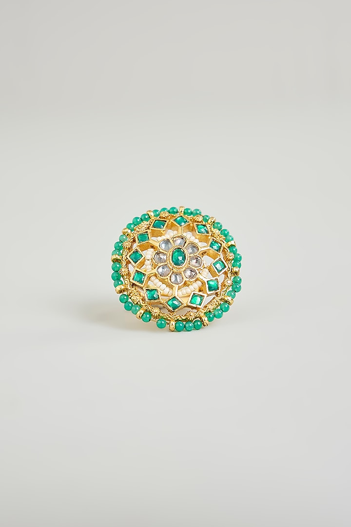 Gold Finish Kundan Polki & Emerald Green Stone Ring by Aura Trends at Pernia's Pop Up Shop