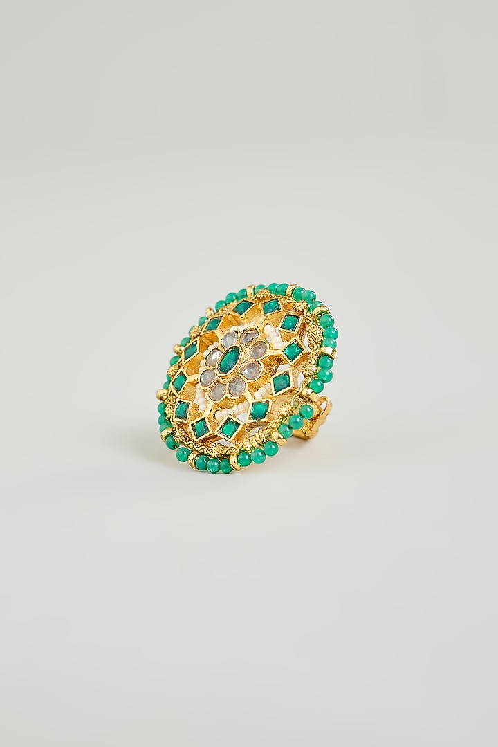 Gold Finish Kundan Polki & Emerald Green Stone Ring by Aura Trends at Pernia's Pop Up Shop