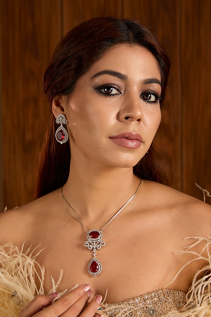 Silver Finish Ruby & Diamond Pendant Necklace Set by Auraa Trends at Pernia's Pop Up Shop