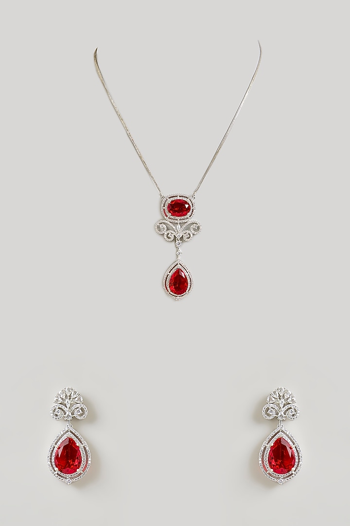 Silver Finish Ruby & Diamond Pendant Necklace Set by Aura Trends at Pernia's Pop Up Shop