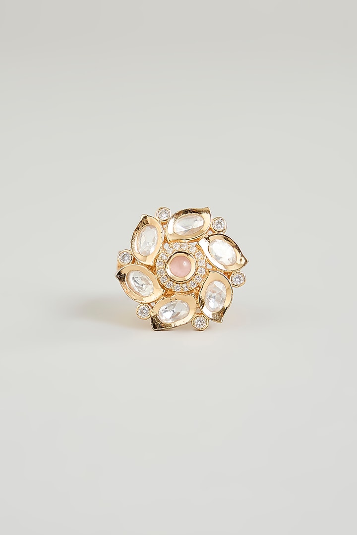 Gold Finish Coral Stone & Kundan Polki Ring by Aura Trends at Pernia's Pop Up Shop