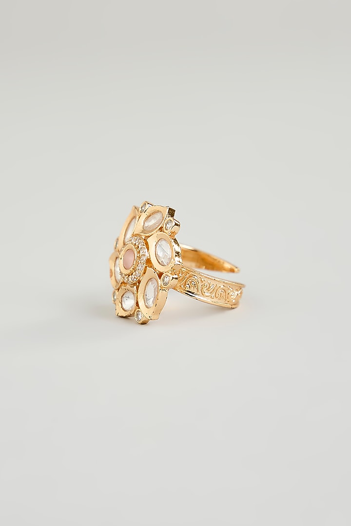 Gold Finish Coral Stone & Kundan Polki Ring by Aura Trends at Pernia's Pop Up Shop