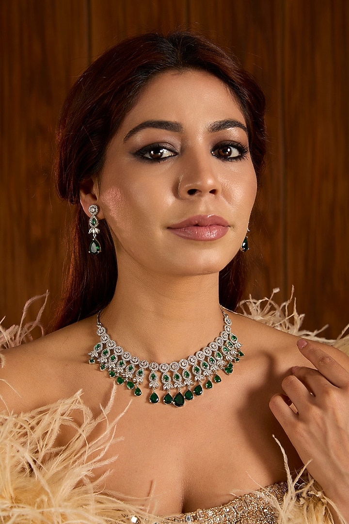 Gold Finish Emerald & Diamond Necklace Set by Auraa Trends at Pernia's Pop Up Shop