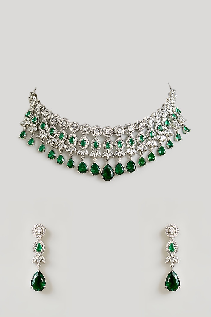 Gold Finish Emerald & Diamond Necklace Set by Aura Trends at Pernia's Pop Up Shop