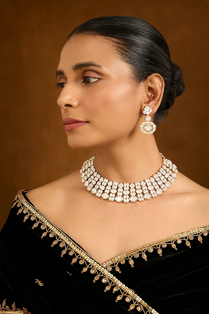 Gold Finish Diamond Choker Necklace Set by Auraa Trends at Pernia's Pop Up Shop