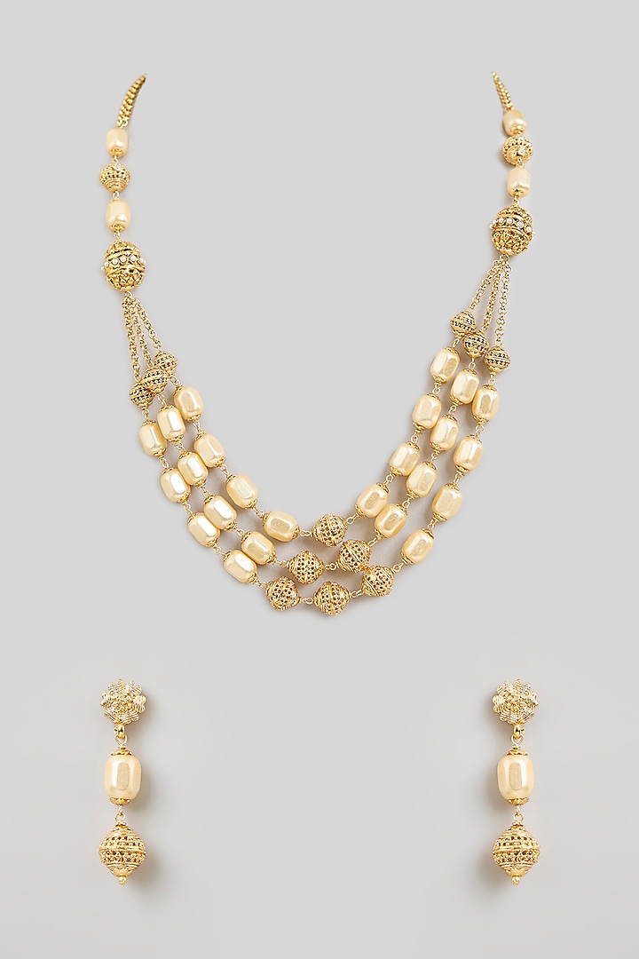 Gold Finish Pearl & Beaded Necklace Set by Aura Trends at Pernia's Pop Up Shop
